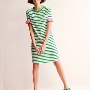 Boden Green Striped T-Shirt Dress with Pink Details